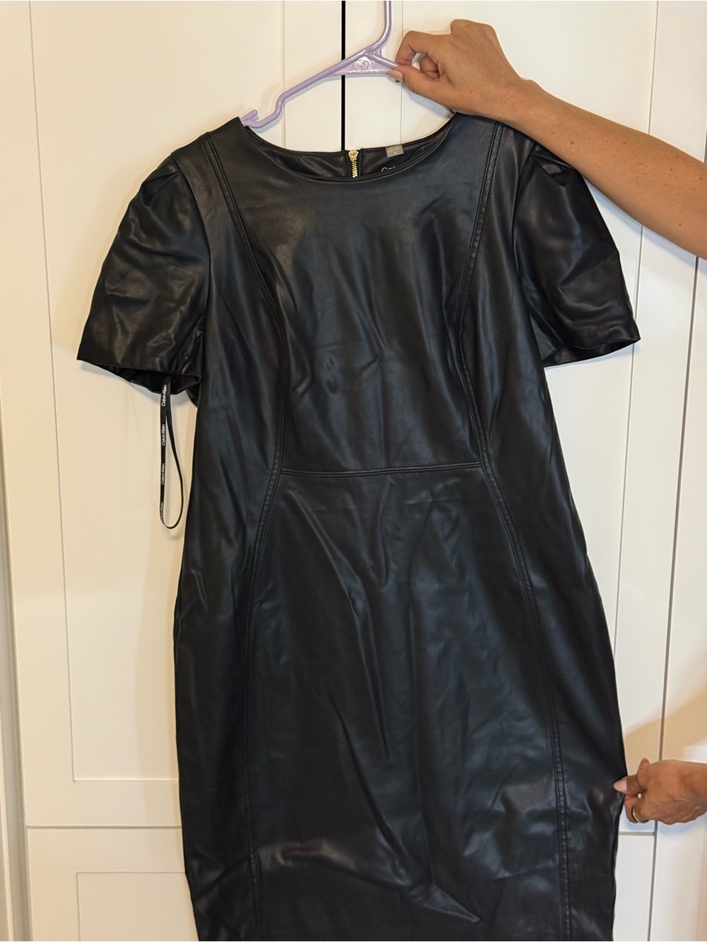 Calvin Klein Black Faux Leather Short Sleeve Sheath Dress